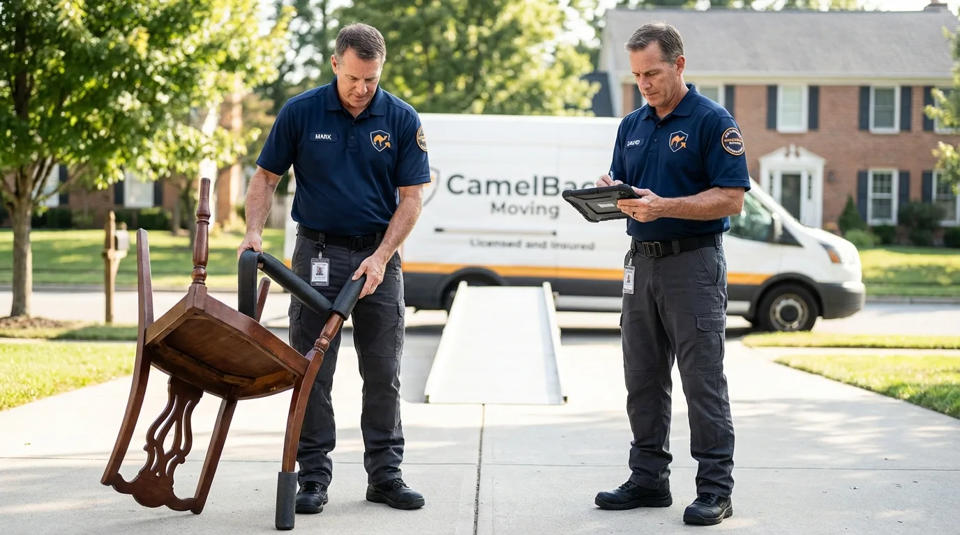 Movers inspecting furniture for damage prevention before loading in Roscommon, MI