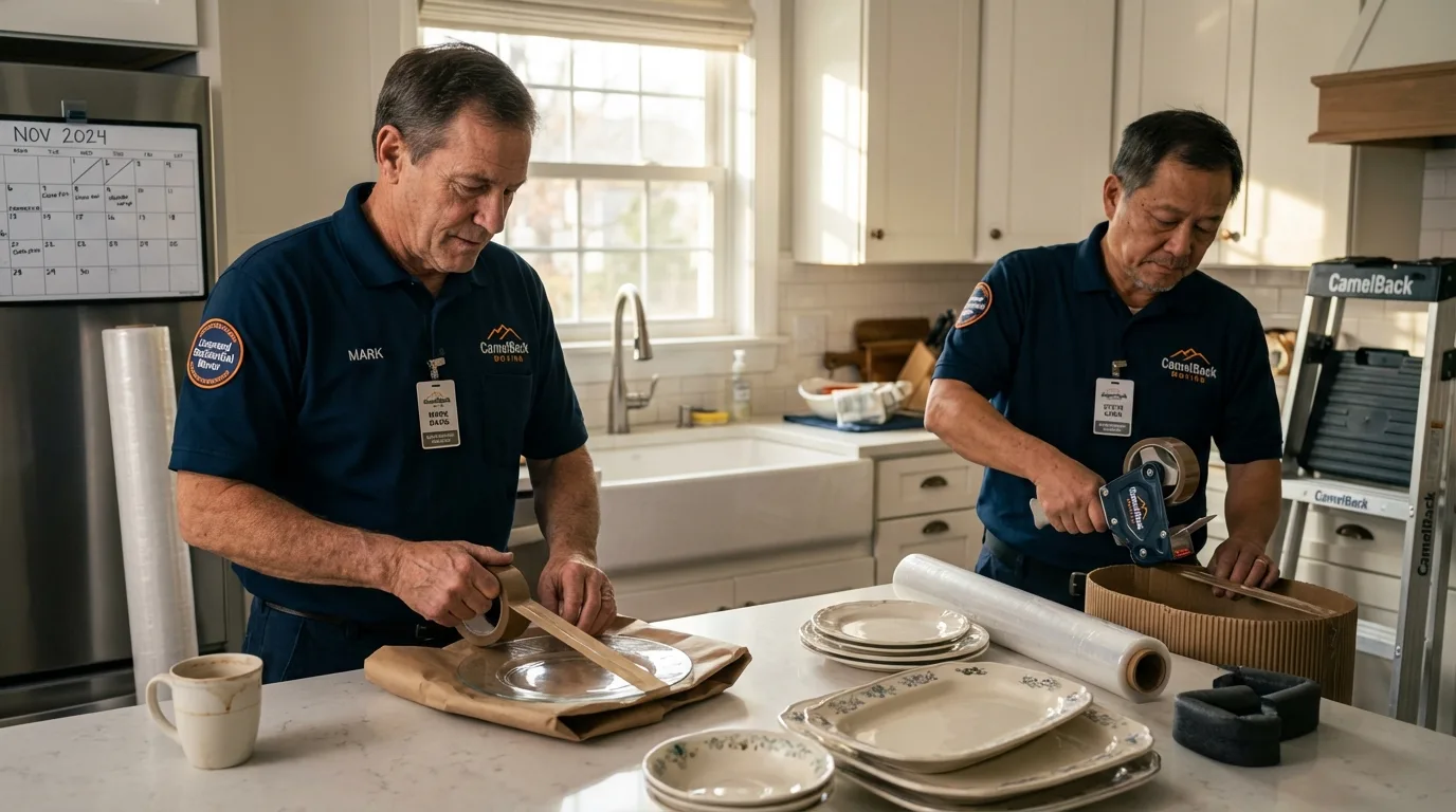 Professional crew packing kitchen dishware in Roscommon, MI